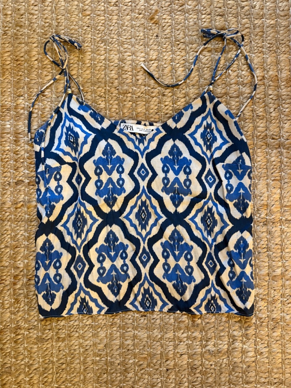 Zara Blue and Cream Ikat Tie-Strap Cami